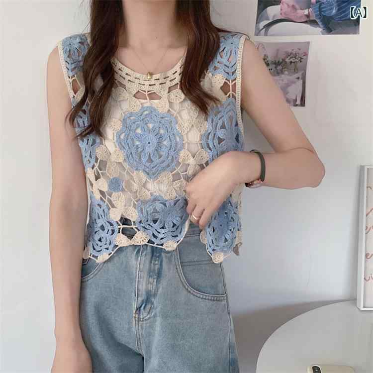 トップス レディース クロシェ編み 透かし編み ニットベスト ノースリーブ 刺繍 花柄 ゆったり オーバ..
