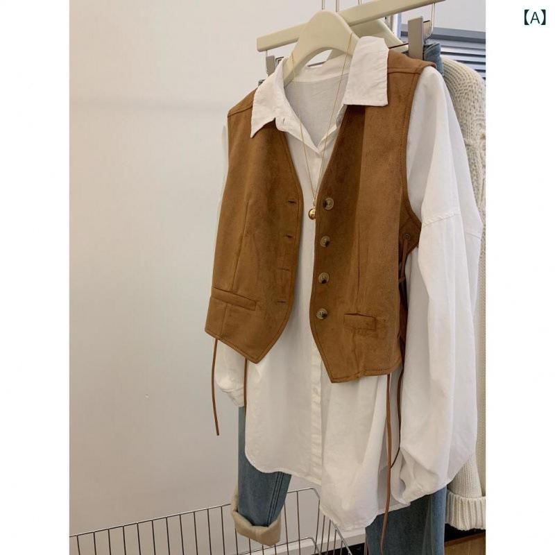 ベスト レディース ジレ ショート丈 紐付き レースアップ スエード調 ブラウン 茶色 ミラード風 個性的..