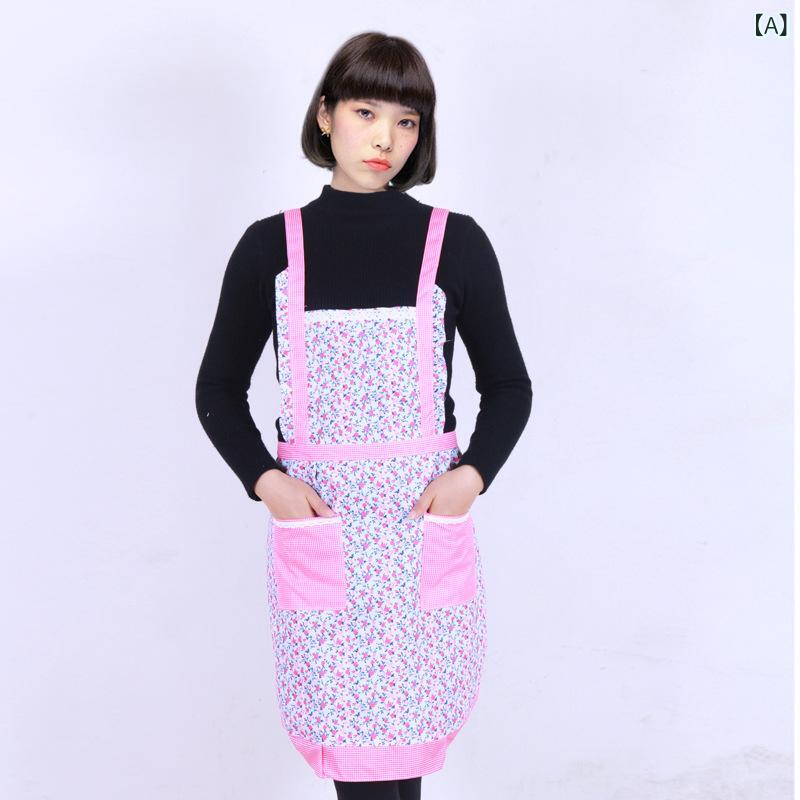 エプロン レディース 女性用 大人用 韓国風 おしゃれ 厚手 ピーチスキン加工 フリル レース H型ストラップ プリンセスデザイン 防汚 撥水 防水 キッチン 料理用 ポリエステル 花柄