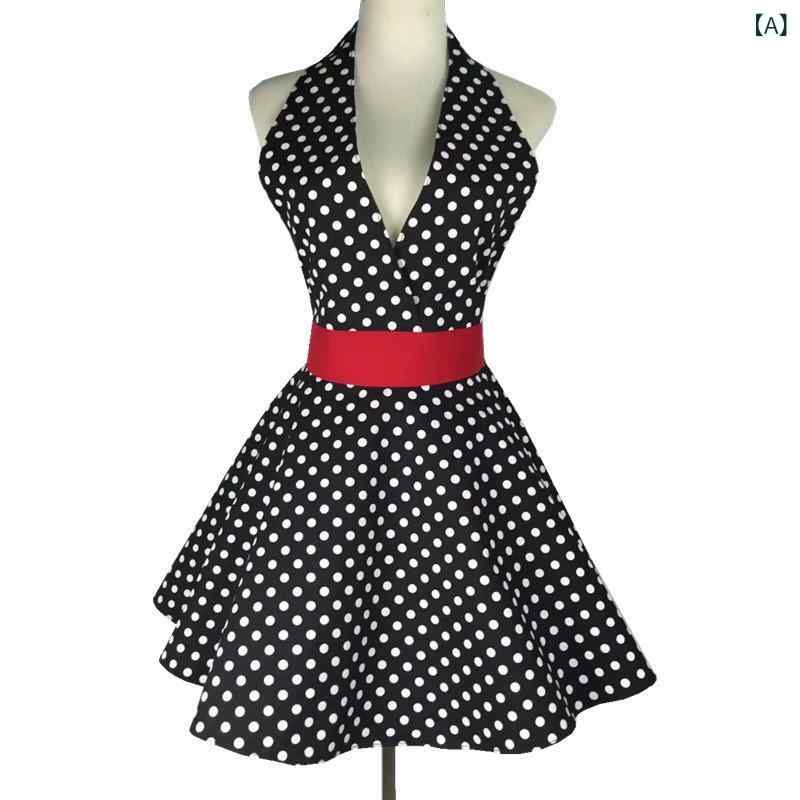 Gingham Aprons - エプロン レディース レトロ ヴィンテージ コットン 綿 ドット柄 水玉模様 Vネック メイド風 普段使い 家事 料理 仕事 作業 防汚 ホテル カフェ