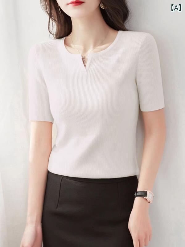 ニット レディース 女性用 春夏 薄手 半袖 プルオーバー リブ編み 無地 スリムフィット ストレッチ 伸縮性 上品 きれいめ オフィス 通勤 普段使い ハーフオープンネック トップス