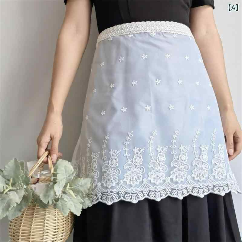 Gingham Aprons - エプロン レディース 韓国風 カントリー風 刺繍 花柄 レース 防水 ハーフ丈 キッチン カフェ 飲食店 家庭用 ポリエステル ホワイト かわいい おしゃれ
