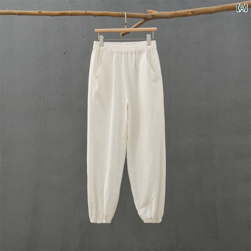 カジュアルパンツ レディース 綿麻 苧麻 リネンコットン レトロ サンドウォッシュ 禅スタイル 瞑想 ヨガ バルーン ルーズフィット ミドルウエスト 長ズボン
