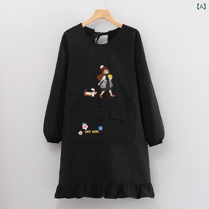 エプロン レディース 女性用 撥水 防汚加工 長袖 袖付き かわいい キャラクター 刺繍 ポリエステル キ..