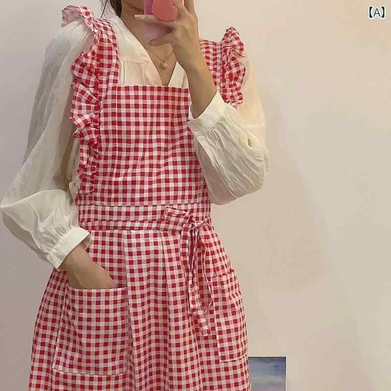 エプロン レディース フレンチスタイル レトロ フリル 大きいサイズ ゆったり チェック柄 綿 コットン ..