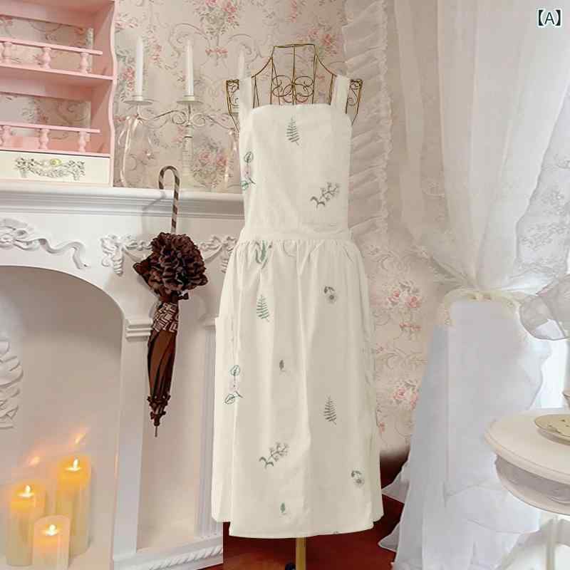 エプロン レディース 女性用 オフホワイト クリーム色 小花柄 インスタ風 防汚 キッチン 料理 家庭用 家事 作業着 ポリエステル ロング丈 袖なし 首掛け フリーサイズ 韓国風 おしゃれ かわいい 高見え