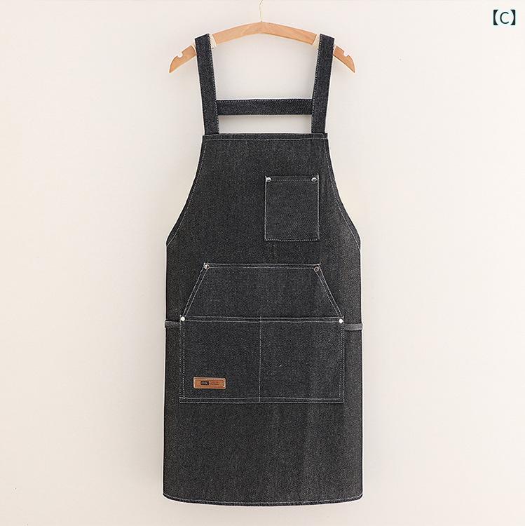エプロン デニム ワークエプロン キッチン 料理 作業用 家庭用 DIY 防水 防油 防汚 丈夫 耐摩耗性 多ポケット 多収納 男女兼用 ブラック ブルー