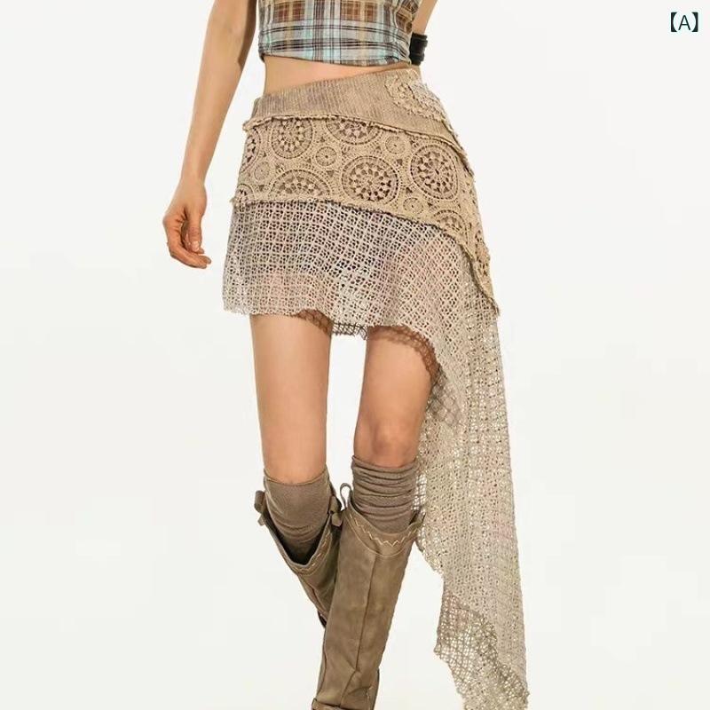 スカート レディース レトロ 切り替え ニット レース ギャル アシンメトリー シアー エプロン風 マカロンカラー Aライン ミニ丈 高伸縮 ストレッチ 通勤 オフィス エレガント 春夏