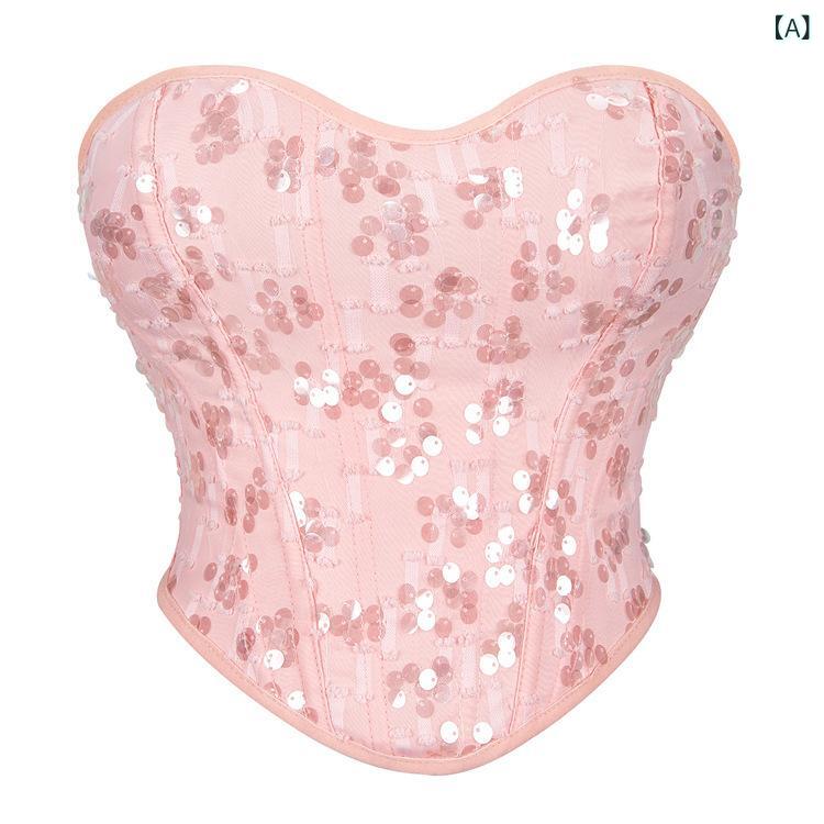 トップス レディース セクシー ベアトップ チューブトップ スパンコール バストアップ 胸元サポート ボディシェイパー スタイルアップ 無縫製 シームレス ポリエステル ピンク系 パープル系