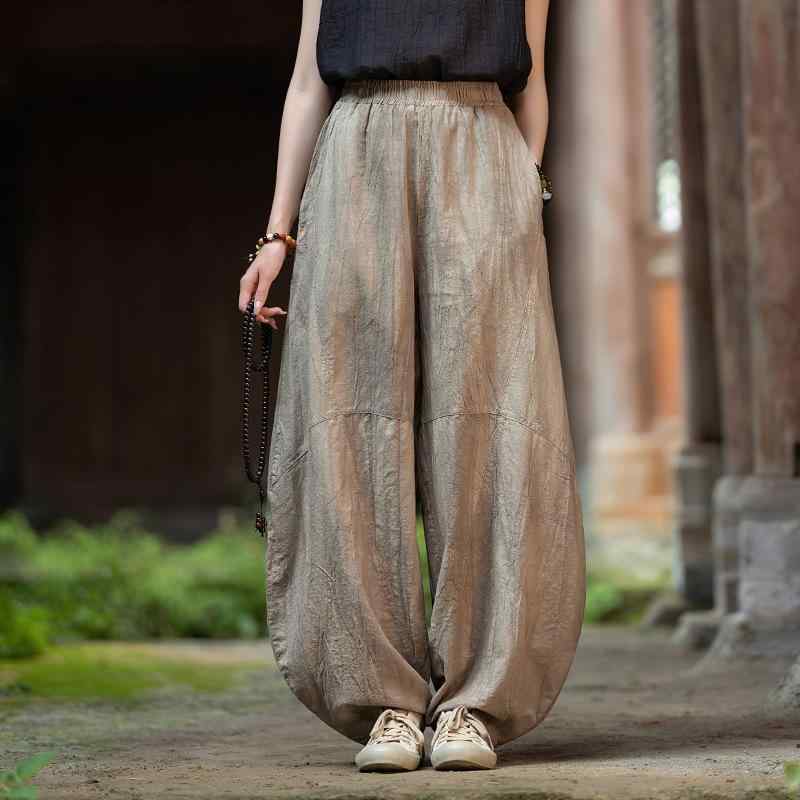 カジュアルパンツ レディース 秋物 苧麻 綿麻 絞り染め サンドウォッシュ加工 ヴィンテージ レトロ ルーズフィット ワイド バルーン ゴムウエスト リラックス ロングパンツ 長ズボン オートミール ブラウン系 グリーン系