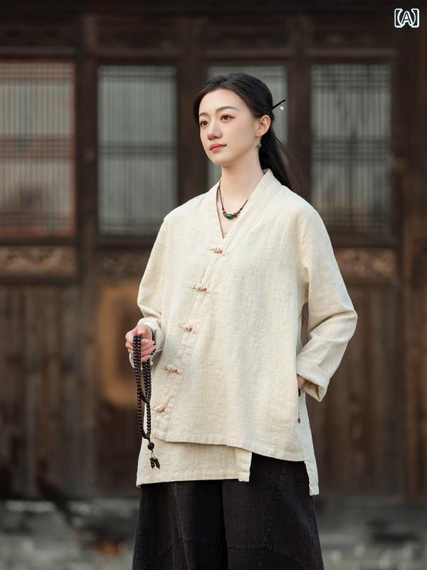 シャツ レディース 秋冬 綿麻 苧麻 レトロ 禅スタイル 文芸 手作り 組み紐ボタン 斜め襟 Vネック ドローストリング 長袖 ゆったりシルエット チュニック ミドル丈 羽織り ブラウス 砂洗加工