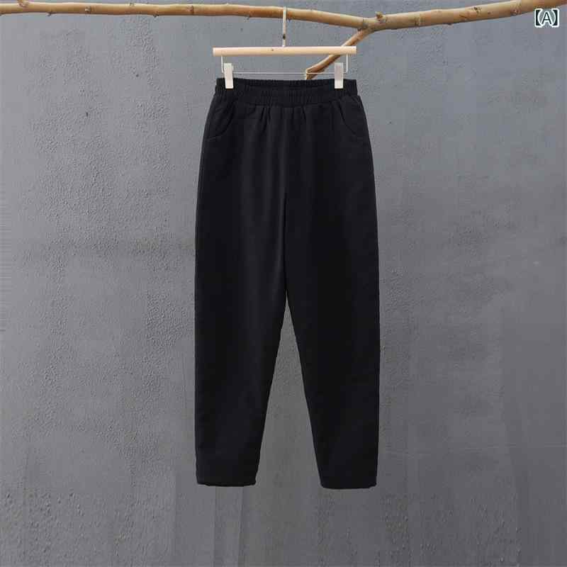 パンツ レディース 女性用 秋冬 綿 麻 リネン ラミー 中綿入り 厚手 長ズボン ゆったり テーパードパンツ 和風 レトロ カジュアル 切り替え ミドルウエスト 暖かい 防寒 着痩せ 細見え ブラック ネイビー グレー ブラウン