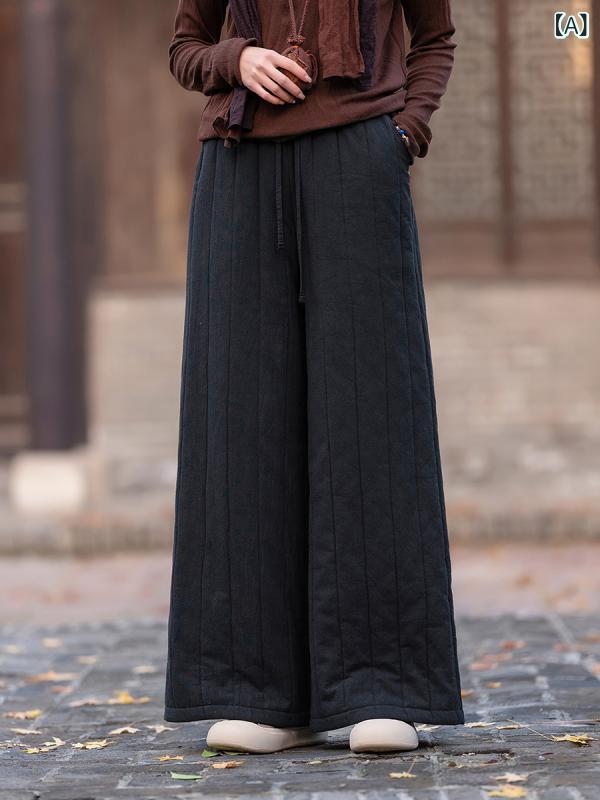 パンツ レディース 女性用 冬 綿麻 レトロ 中綿入り キルティング ドローストリング ウエストゴム 厚手 保温 暖かい ゆったり リラックス ワイド 黒 ベージュ ダークグリーン ボトムス 普段使い カジュアル