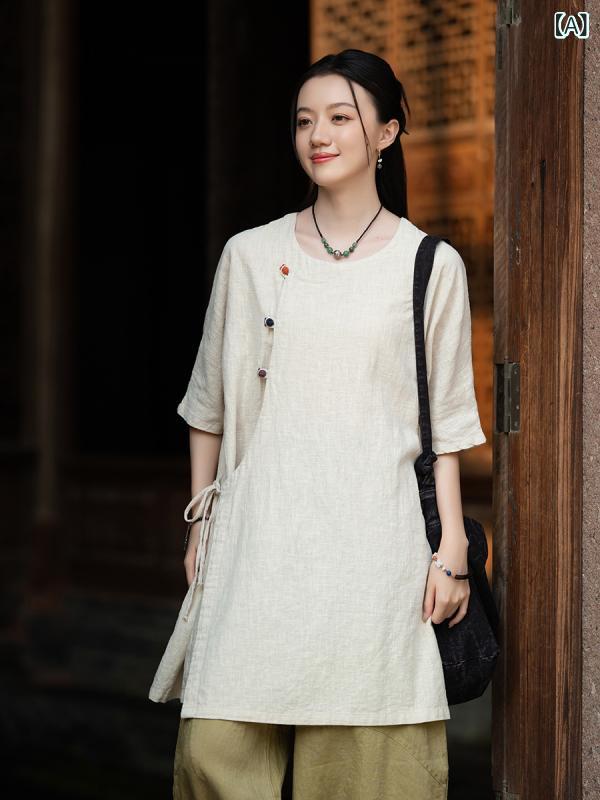 ワンピース チャイナ風 禅意 リラックス ローブ 麻 ラミー 綿 ナチュラルカラー 打ち合わせ襟 切り替え..