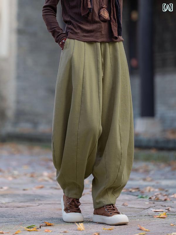 パンツ レディース バルーンパンツ ゆったり ルーズフィット 秋冬 苧麻 ラミー 綿 コットン 厚手 肉厚 暖かい あったか 裏起毛 ドローストリング 文芸レトロ カジュアル 普段使い 長ズボン