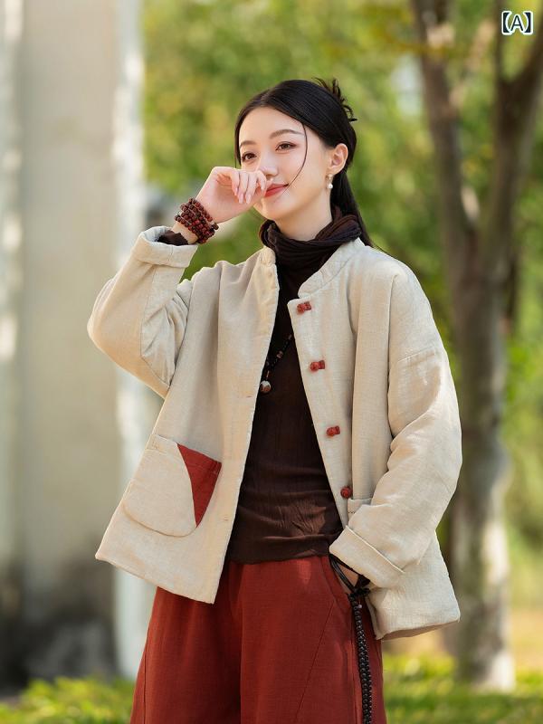 中綿ジャケット レディース 秋冬 レトロ スタンドカラー 綿麻 ショート丈 ゆったり 厚手 防寒 切り替え チャイナボタン 長袖 カジュア..