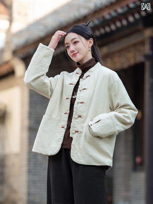 中綿ジャケット レディース 苧麻 綿混紡 中綿入り スタンドカラー チャイナボタン コード刺繍 レトロ ヴィンテージ 秋冬 防寒 保温 厚手 ショート丈 長袖 ゆったり ベージュ ブラック 禅意スタイル