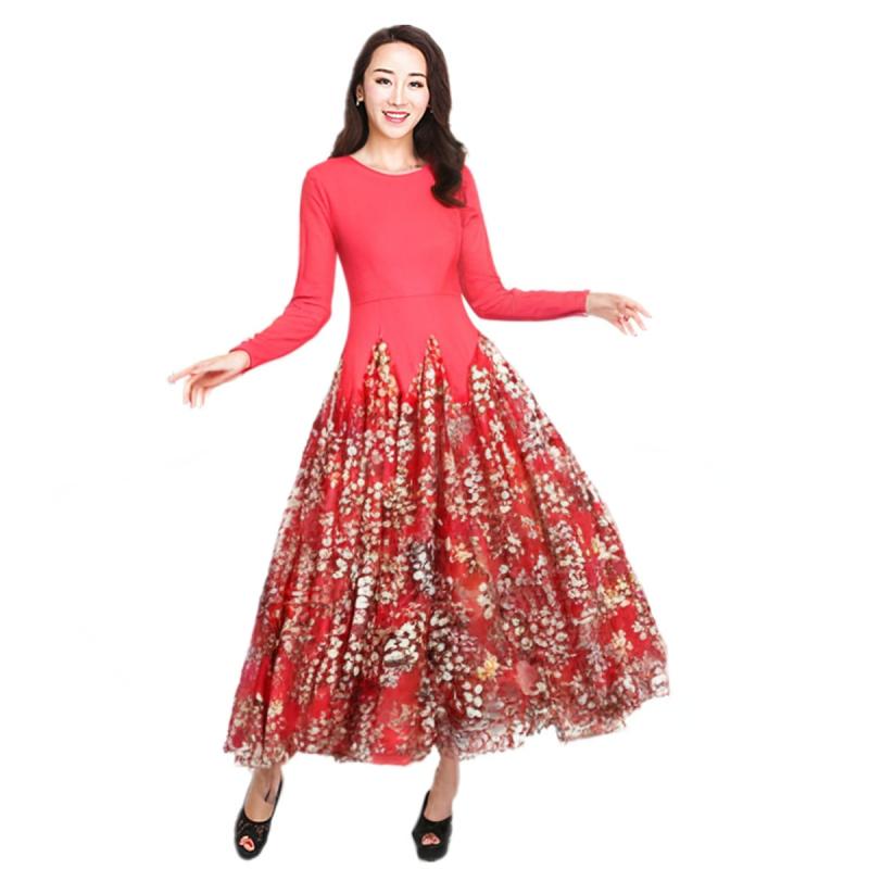 ダンスドレス レディース 社交ダンス モダンダンス フレア ロング丈 長袖 ワンピース 練習着 発表会 舞..