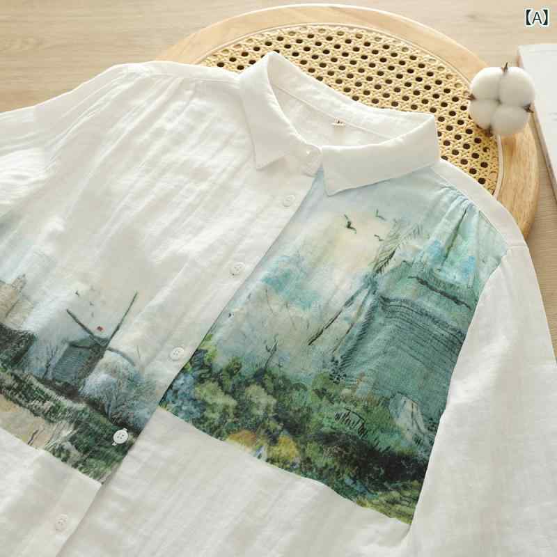シャツ レディース 女性用 水墨画プリント ダブルガーゼ コットン素材 長袖 ポロ襟 ストレート ゆったり ルーズフィット 着痩せ効果 春秋 カジュアル レトロ 着回し 万能 トップス ホワイト