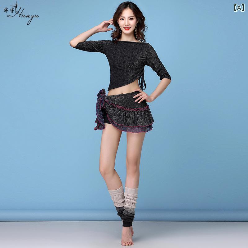 ベリーダンス 衣装 女性 大人用 ナイロン 伸縮性 光沢感 セクシー プリーツ ヒップスカーフ ショートスカート セットアップ 練習着 レッスンウェア 発表会