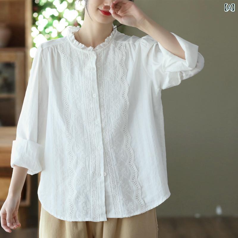 樂天商城 - シャツ レディース 女性用 刺繍 フリル襟 レース 切り替え ロングスリーブ 無地 コットン ホワイト ゆったり フェミニン クラシカル かわいい 春夏 トップス ブラウス 前開き 通勤 普段使い きれいめ カジュアル