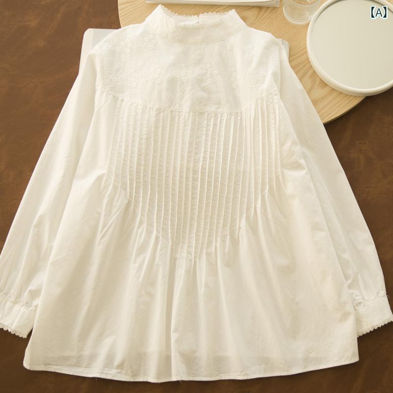 シャツ ブラウス 長袖 プルオーバー スタンドカラー 切り替え アコーディオンプリーツ 刺繡 綿 ホワイト 秋冬 文芸 レトロ カジュアル 大人可愛い レギュラー丈 普段使い