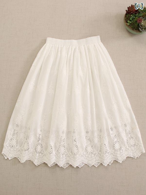 スカート レディース 秋冬 綿 フレンチスタイル 刺繍 レース 透かし彫り 着痩せ効果 ゆったり ティアード Aライン ミディ丈 普段使い お出かけ 着回し フェミニン オフホワイト