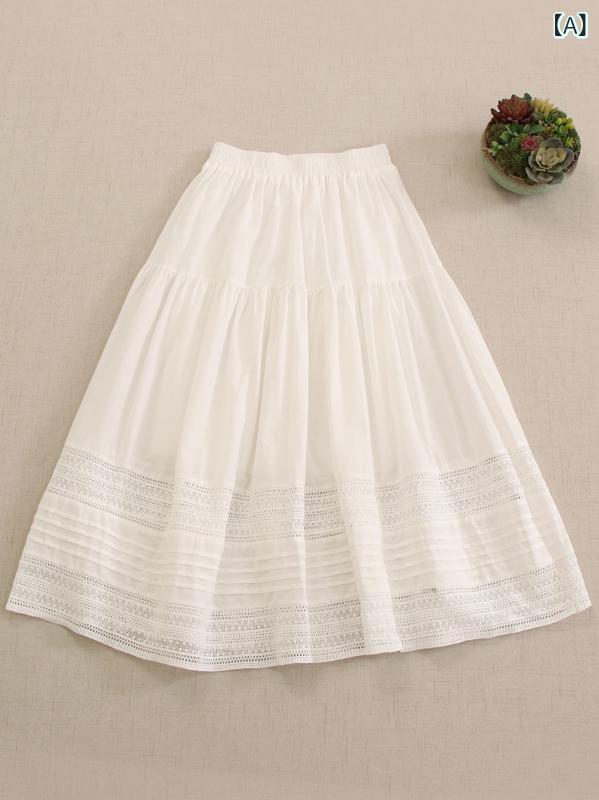 スカート レディース 森ガールテイスト レトロ フェミニン 文芸スタイル 刺繍 レース ギャザー ティアード ゆったり 着回し 綿 コットン 無地 ダブル裏地 Aライン ミディ丈 オフホワイト アプリコットカラー 秋冬