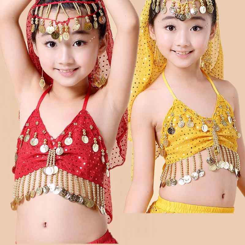 ベリーダンス 衣装 子供 女の子 インド 民族舞踊 発表会 練習用 舞台 パフォーマンス トップス ベスト シフォン アクリル素材 カラフル イエロー レッド ローズピンク ブルー
