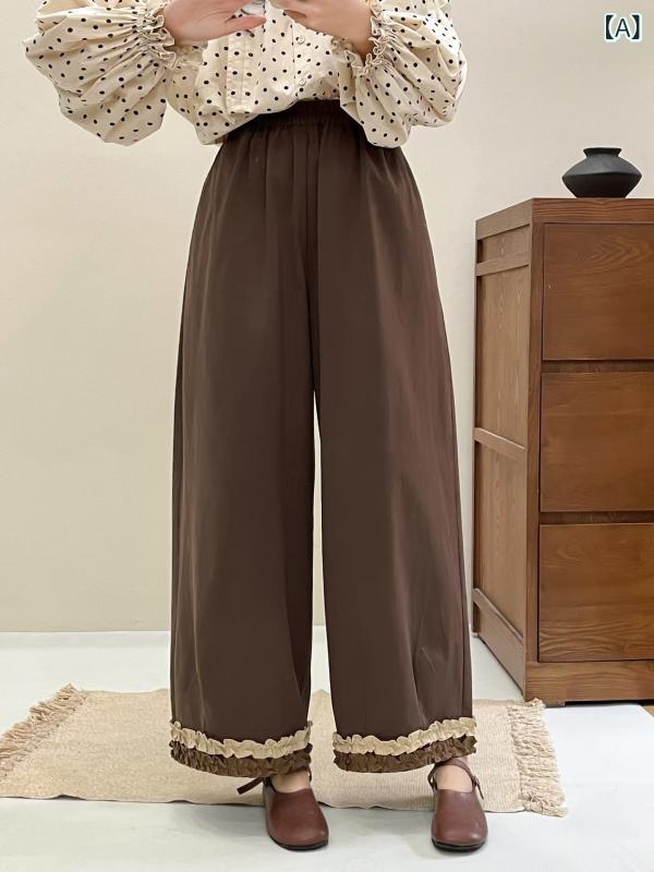 カジュアルパンツ レディース ボトムス 日系ファッション メロウフリル 九分丈 ワイド 低身長向け ハイウエスト ストレート リラックス 春秋 綿 コットン