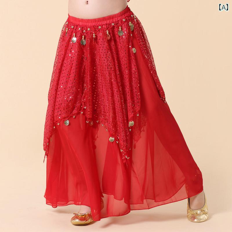 民族舞踊 衣装 子供 女の子 インド舞踊 ベリーダンス スカート プリンセスドレス 発表会 練習用 舞台衣装 シフォン コイン スパンコール アクリル ポリエステル