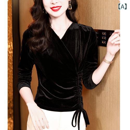 樂天商城 - カットソー レディース 女性用 ベルベット 長袖 アシンメトリー 変形 Vネック プルオーバー スリムフィット 細見え 秋 上品 カジュアル 通勤 ママファッション トップス