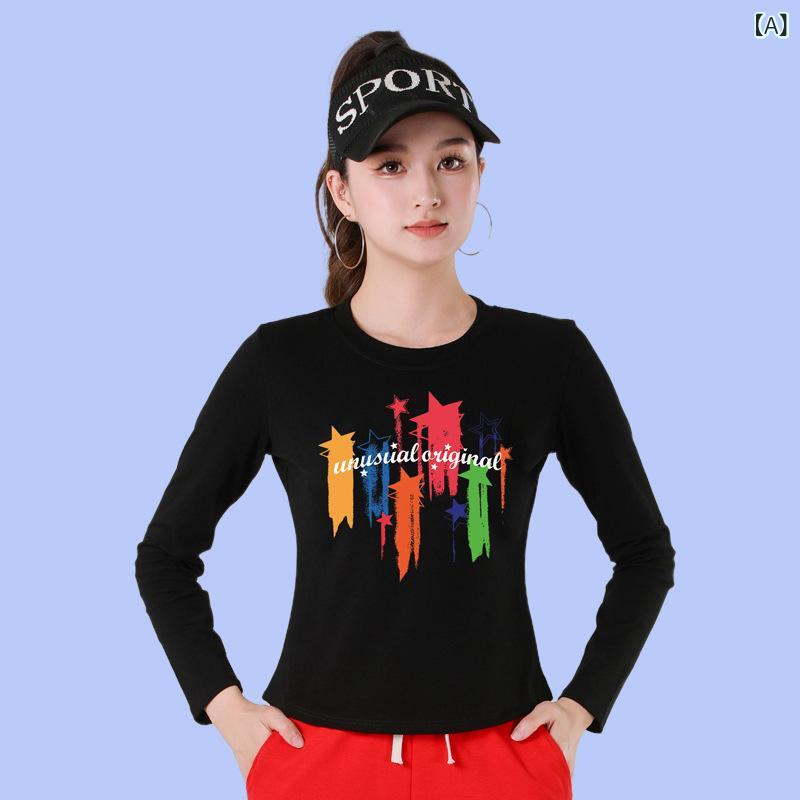 トップス レディース ストライプ柄 プリント 長袖 Tシャツ カットソー スポーツウェア ダンスウェア フィットネス ジム ヨガ ウォーキング 社交ダンス 練習着 綿 春夏