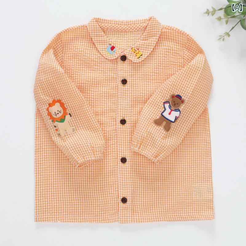 シャツ キッズ 長袖 チェック柄 ライオン クマ 刺繍 トップス 子供服 男の子 女の子 コットン 通学 通園 羽織り カジュアル 春秋