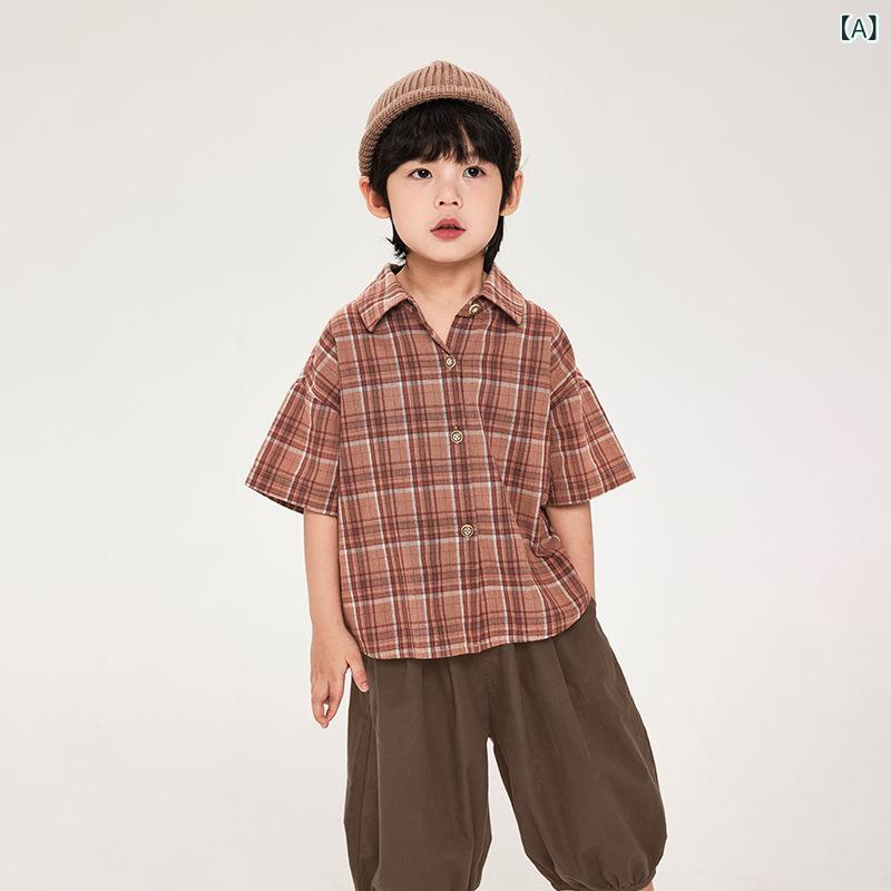 シャツ キッズ 男の子 半袖 チェック柄 トップス 春夏 薄手 コットン 柔らかい 通気性 カジュアル ウエア 普段着 通学 通園