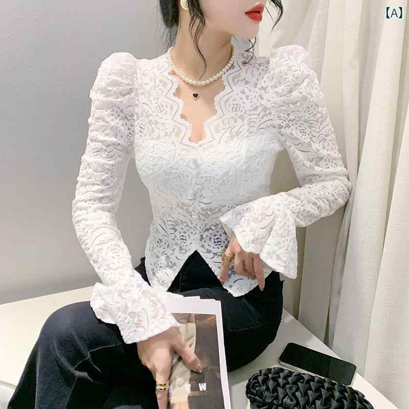レース トップス レディース Vネック 長袖 パフスリーブ カップ付き ショート丈 上品 細見え 着回し抜群 ポリエステル 通勤 オフィス きれいめカジュアル 秋冬