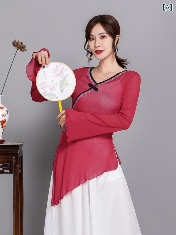 ダンスウェア レディース 大人用 中国風 民族舞踊 古典舞踊 シースルー トップス セットアップ 秋冬 レッスン 練習 伸縮性 網状生地 舞台衣装 ビーズ装飾 ワインレッド ホワイト 再生繊維