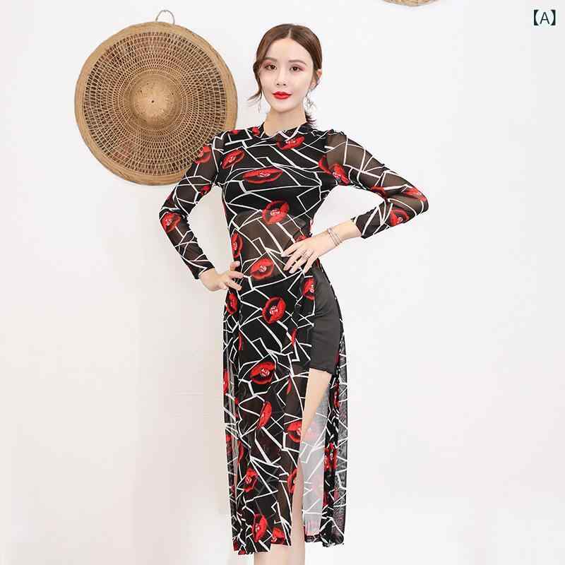 舞台衣装 レディース 中国風 民族風 モダン クラシック ダンス 発表会 演出 漢服 チャイナドレス 軽やか エレガント メッシュ プリント 伸縮性 ストレッチ セットアップ 秋冬