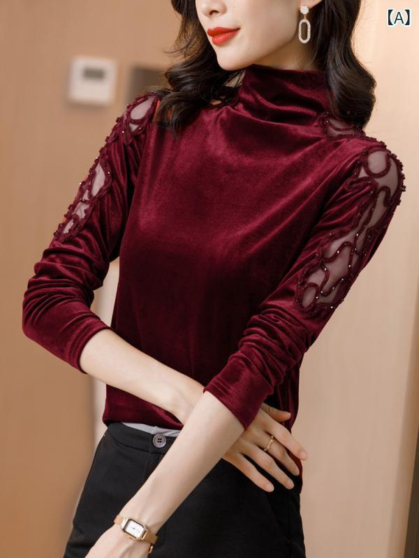 トップス レディース 女性用 ハイネック ベロア カットソー 長袖 秋冬 切り替えデザイン オフィス カジ..