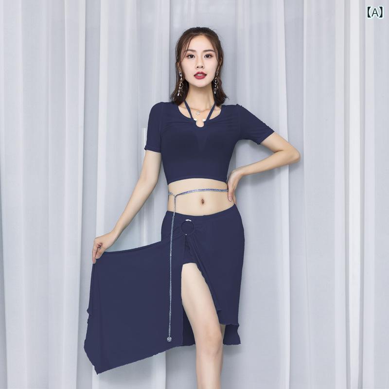 ベリーダンス レディース 女性用 ダンス練習着 ダンス衣装 東方舞踊 オリエンタルダンス 秋冬 発表会 舞台 初心者向け スパンデックス メッシュ セットアップ スカート 黒 紺