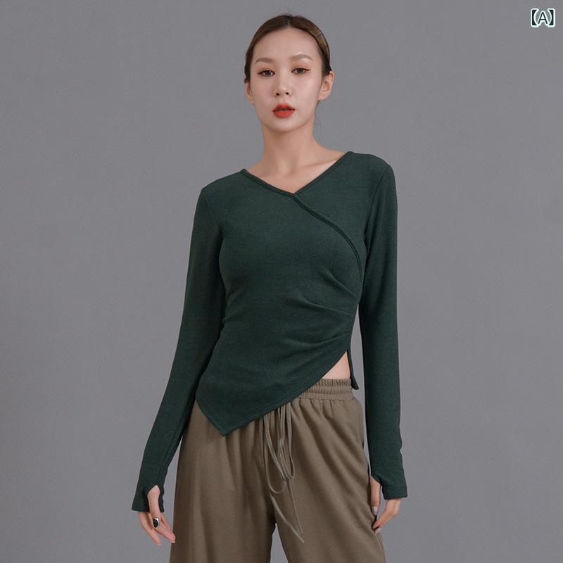 ダンスウェア レディース 秋冬 長袖 トップス Vネック 指穴 厚手 両面フリース 保温 防寒 練習着 ヨガ フィットネス スポーツウェア 普段使い