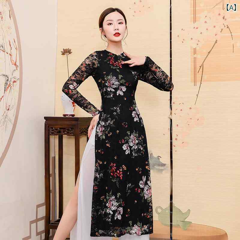 ダンス衣装 レディース クラシックダンス 民族舞踊 練習着 発表会 舞台 演出服 優雅 軽やか レース プリント 中国風 チャイナドレス セットアップ 上下セット ポリエステル