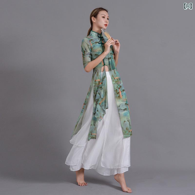 ダンス衣装 レディース 民族舞踊 クラシックダンス 秋冬 改良チャイナ風 水墨画柄 五分袖 大きいサイズ..