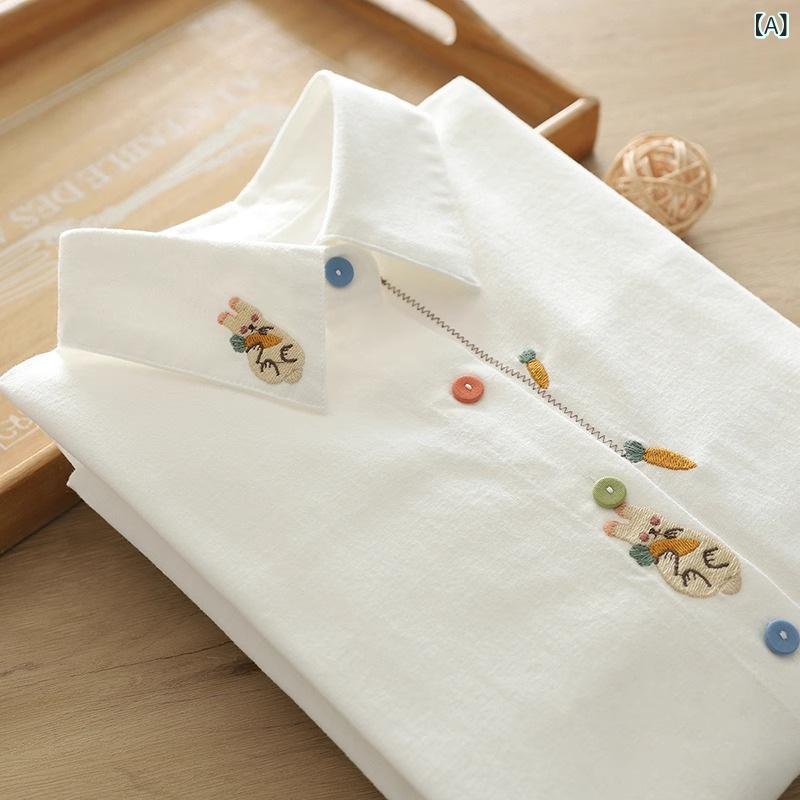 Other - シャツ レディース 春秋 コットン 長袖 刺繍 ブラウス トップス 個性的 デザイン性 ポロ襟 爽やか 清楚 カラフルボタン ホワイト フェミニン カジュアル 普段使い 女性用 スクール風