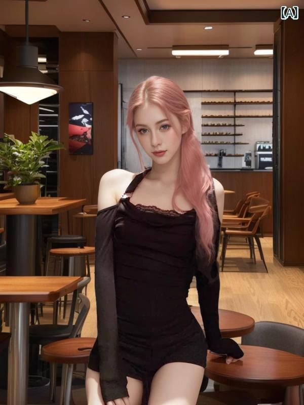 Rakuten - Tシャツ 純欲風 ホルターネック 切り替え レース 長袖 セクシー プルオーバー スリムフィット ポリエステル 無地 ブラック レギュラー丈 冬