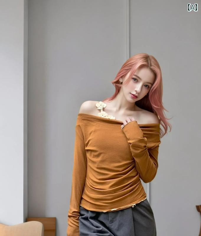 Tシャツ レディース 純欲風 ワンショルダー カウルネック 長袖 花柄 切り替え スリム デザイン トップ..