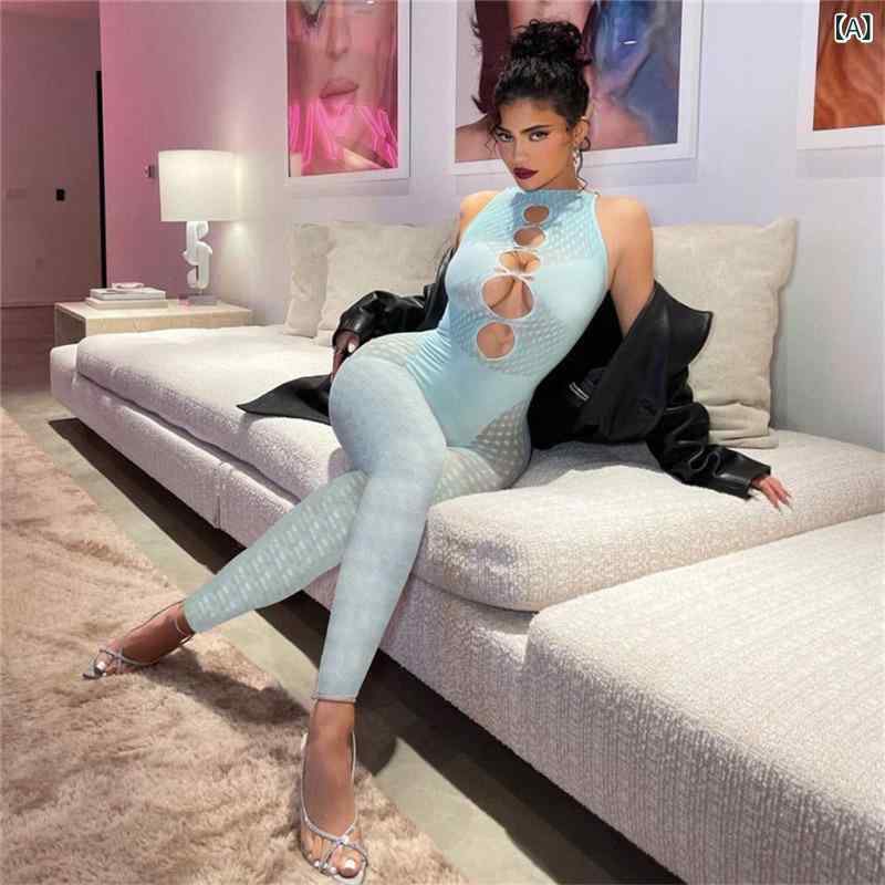 Capri Pants - ボディスーツ レディース 女性用 欧米風 セクシー メッシュ シースルー ニット レース カットアウト ハイウエスト タイト ボディコン オールインワン ロンパース ポリエステル スパンデックス 高伸縮性 ラインストーン飾り 黒 赤 水色 春夏