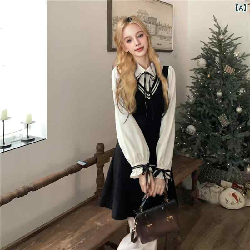 ワンピース レディース 学院風 ポロ襟 フェイクツーピース ドッキング ラッパ袖 長袖 ハイウエスト Aラ..