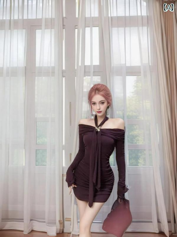 ワンピース レディース 純欲スタイル ホルターネック オフショルダー 長袖 タイトミニ丈 ボディコン セクシー フェミニン ハイウエスト ポリエステル 無地 デート パーティー 秋冬