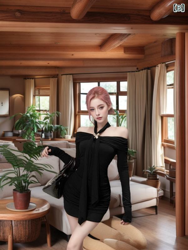 ワンピース レディース 純欲スタイル ホルターネック オフショルダー 長袖 タイトミニ丈 ボディコン セクシー フェミニン ハイウエスト ポリエステル 無地 デート パーティー 秋冬